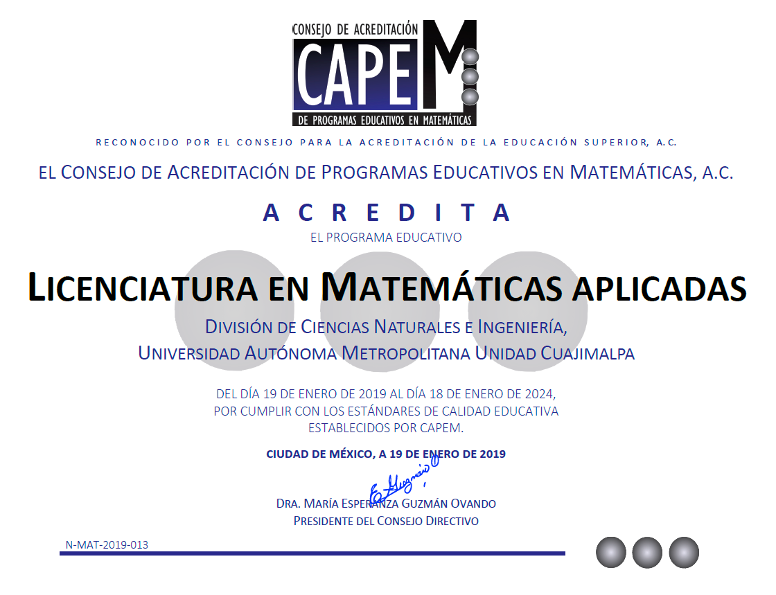 Diploma de acreditación de la Licenciatura en Matemáticas Aplicadas